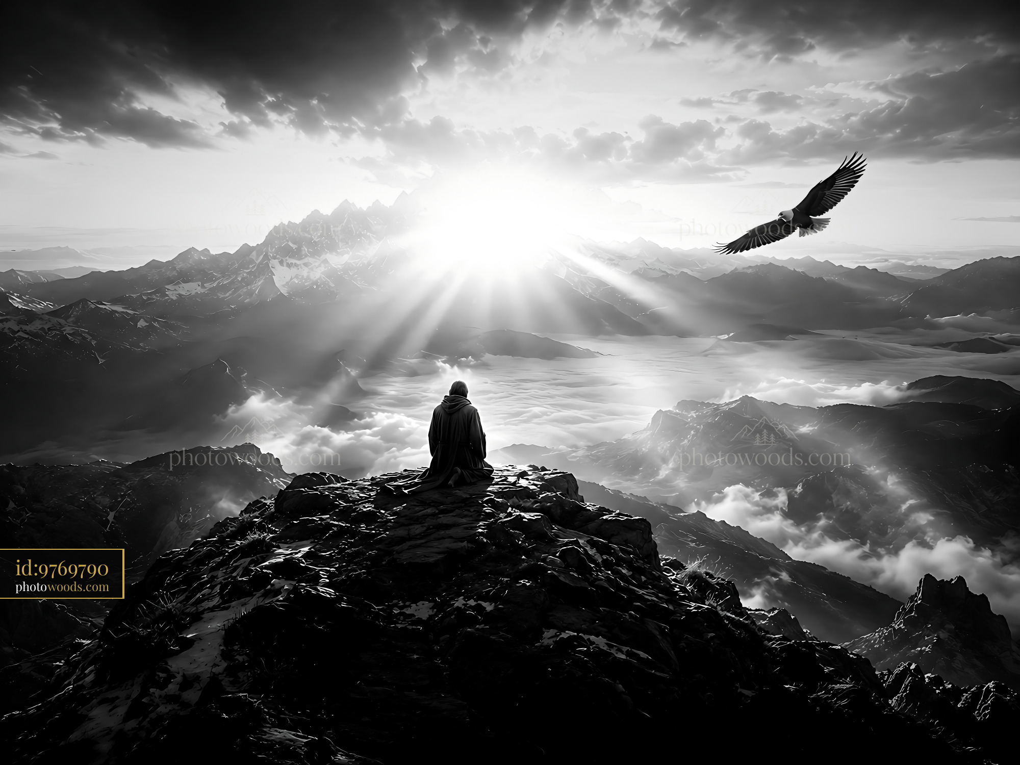 Man Sits on Mountain Top Watching Sunset and Eagle Flying