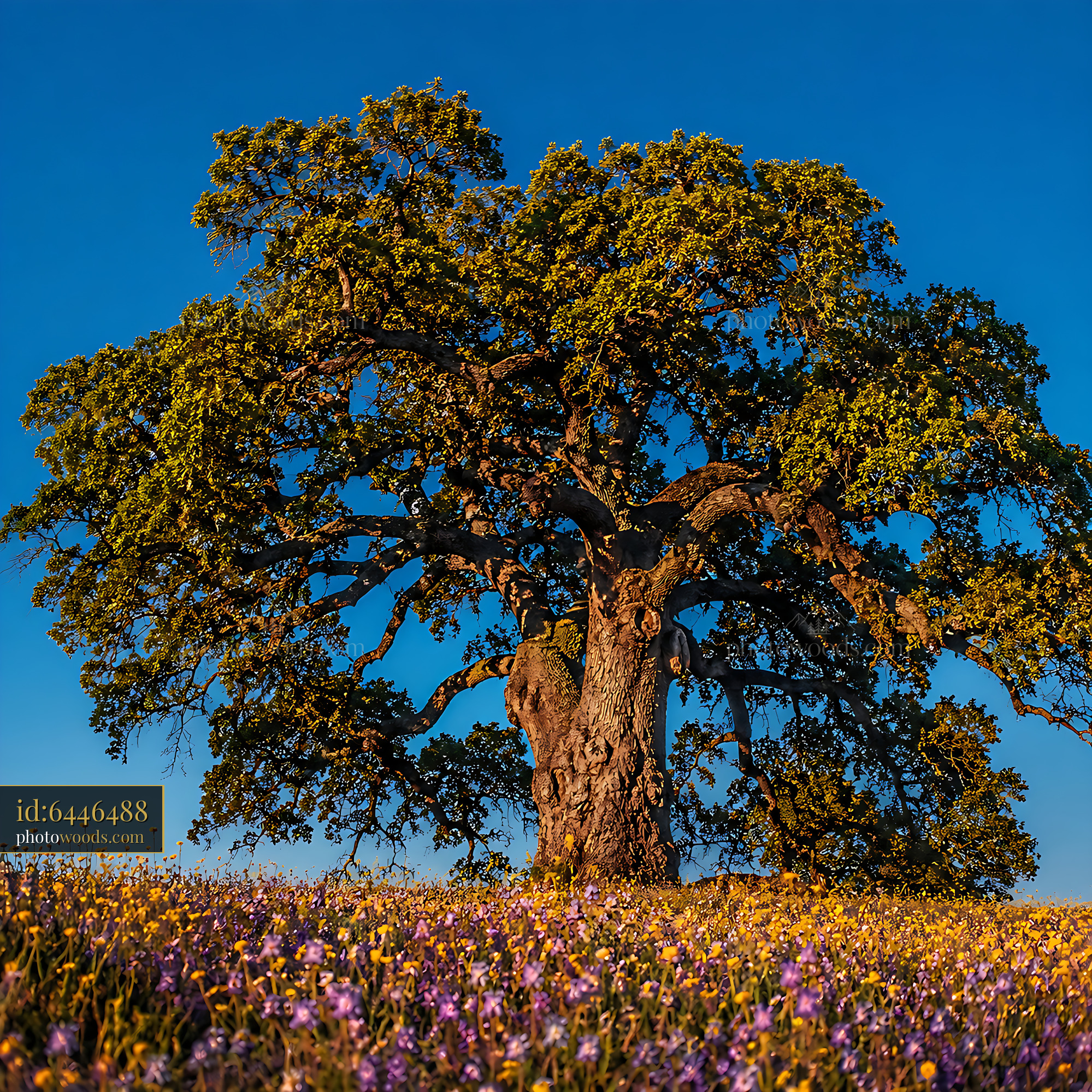 Large Oak Tree Stands Alone in a Field of Colorful Flowers