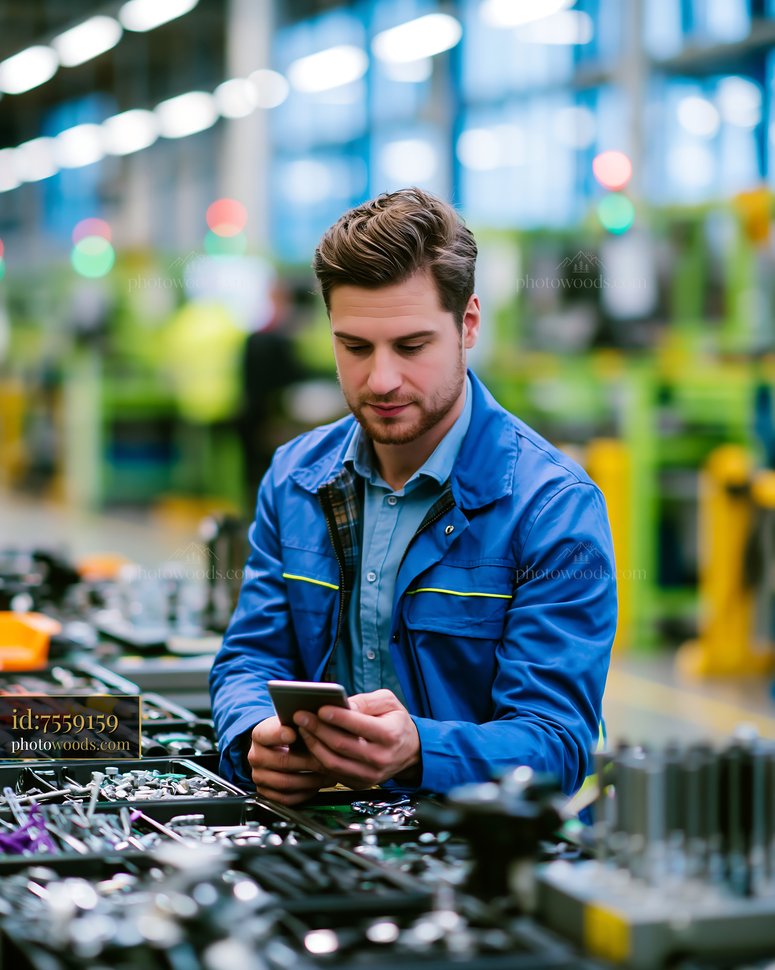 Employee Working on Smartphone in Industrial Workspace