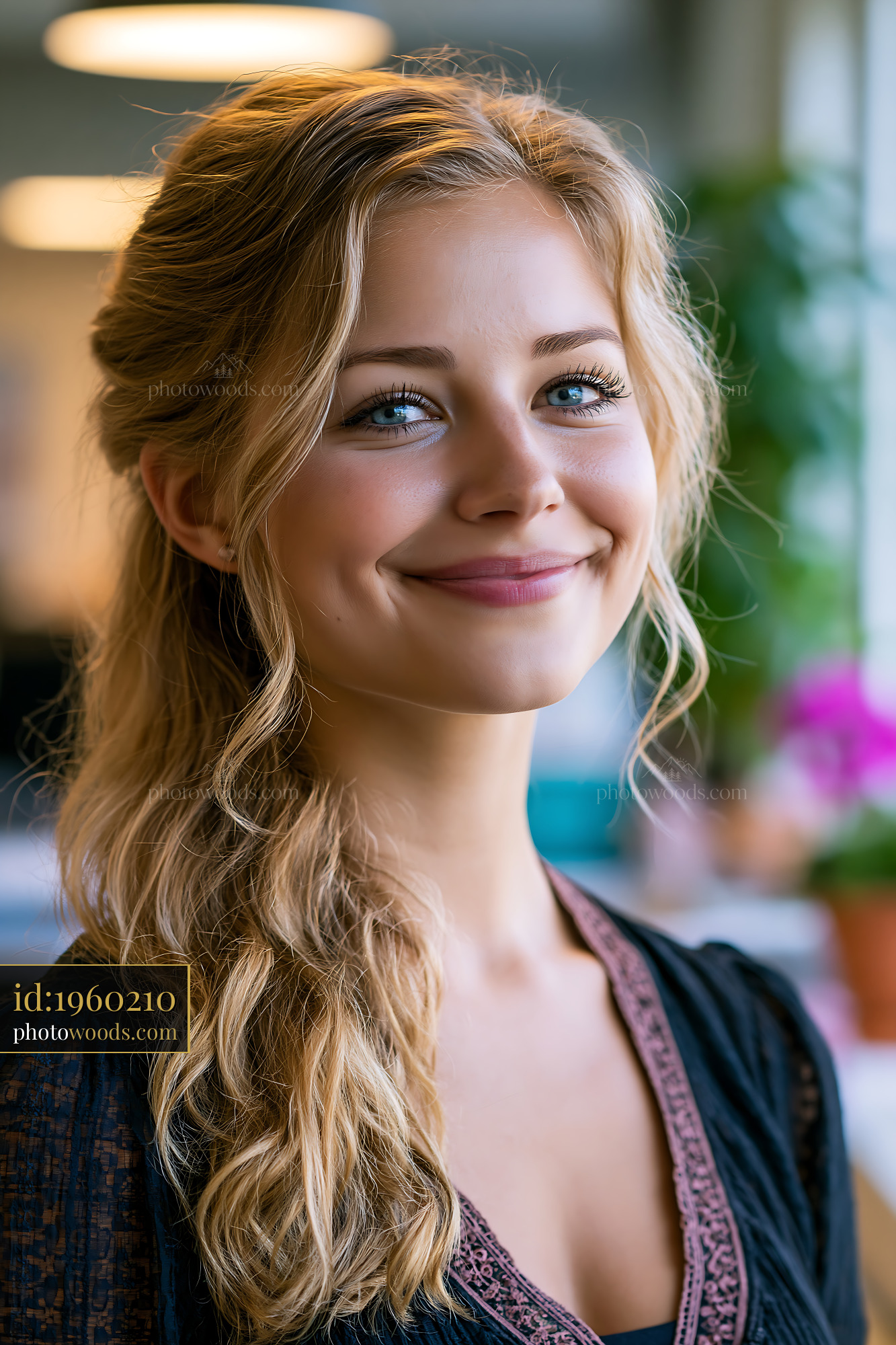 Young Woman Smiles Indoors With Natural Light and Plants