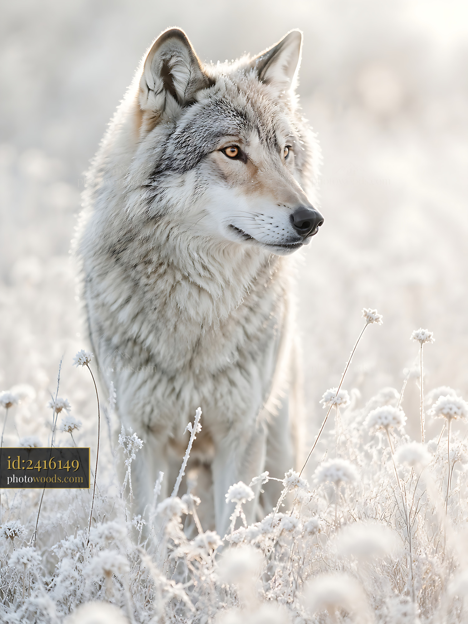 Wolf Stands in a Snowy Field Surrounded by White Flowers