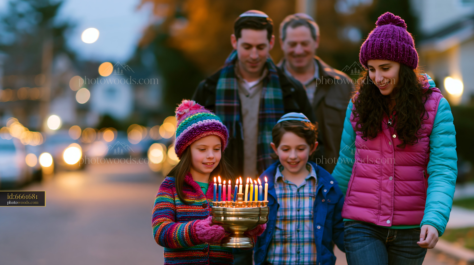 Family Lights Menorah for Hanukkah in Neighborhood Street at Dusk