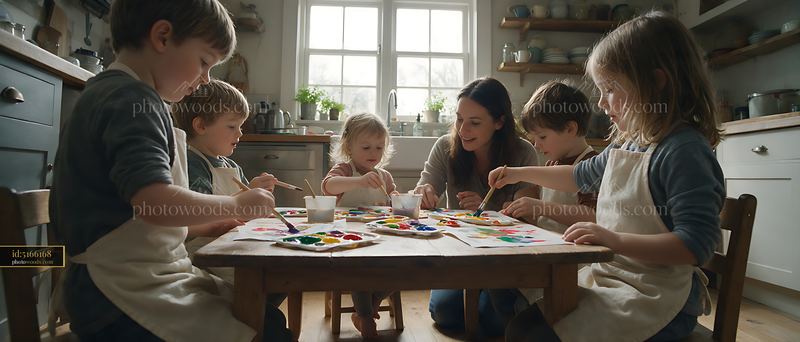 Mother and children painting together at a kitchen table