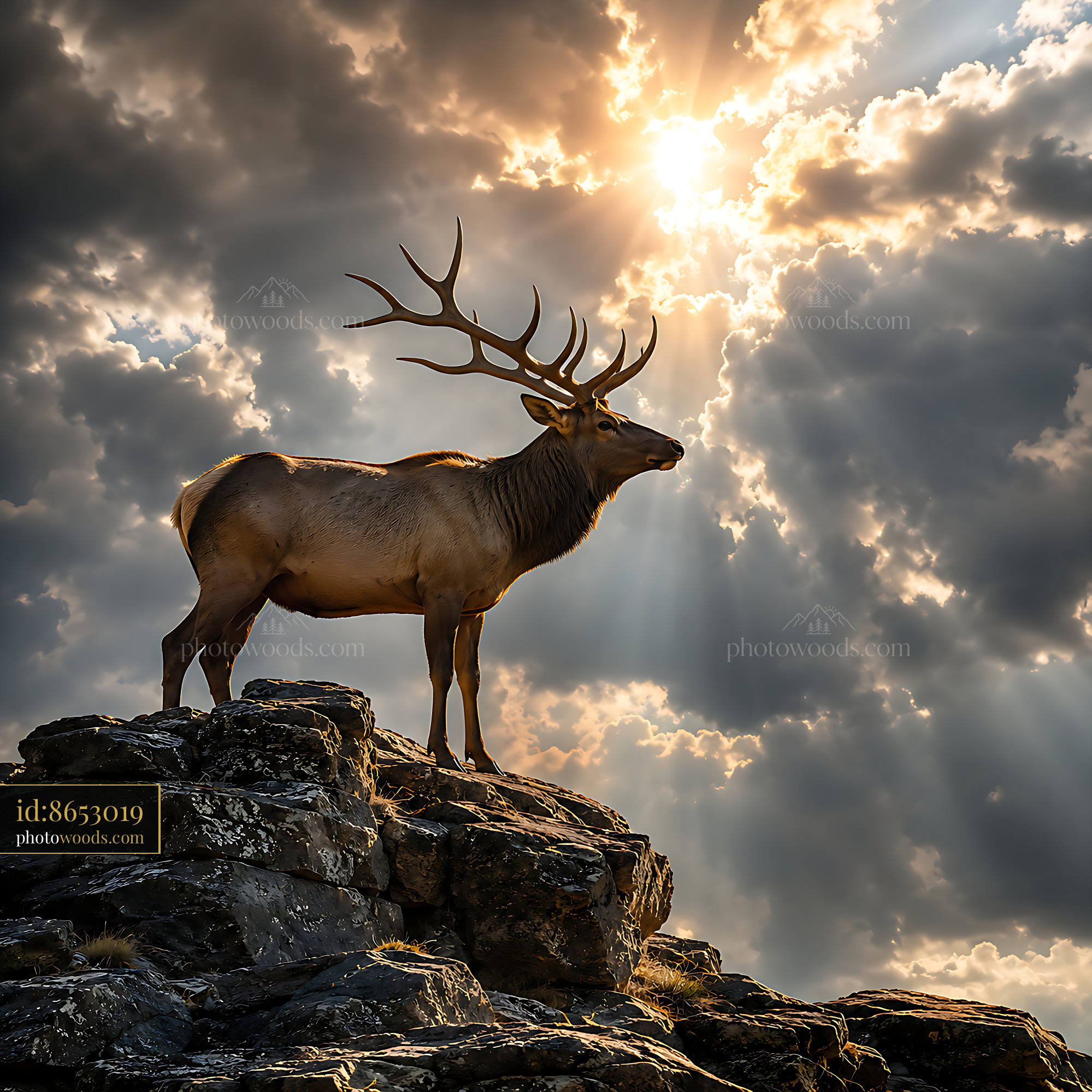 Elk Stands on Rocky Outcrop Under Cloudy Sky at Sunset