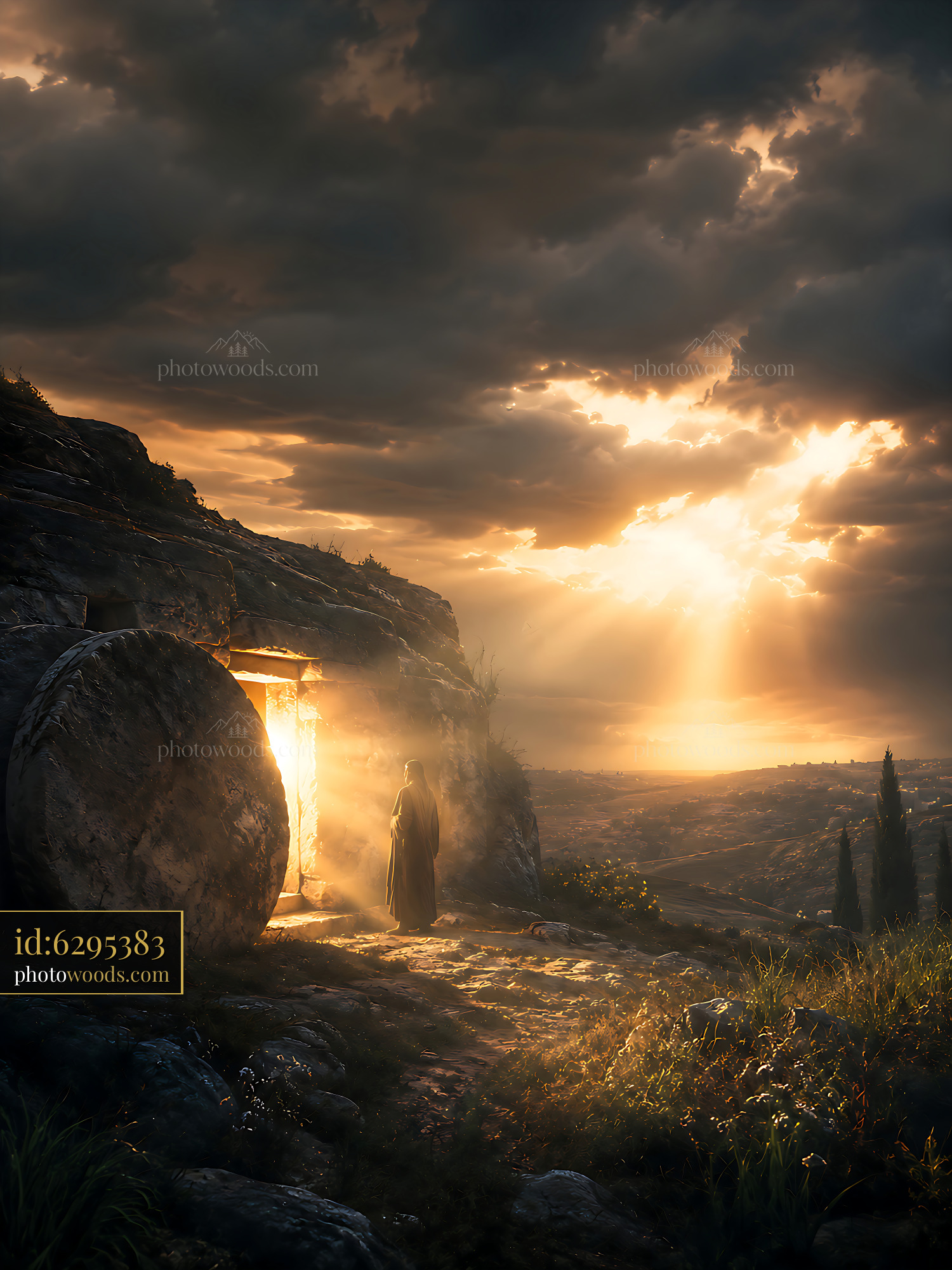 Mysterious Figure Stands by Ancient Door at Sunset