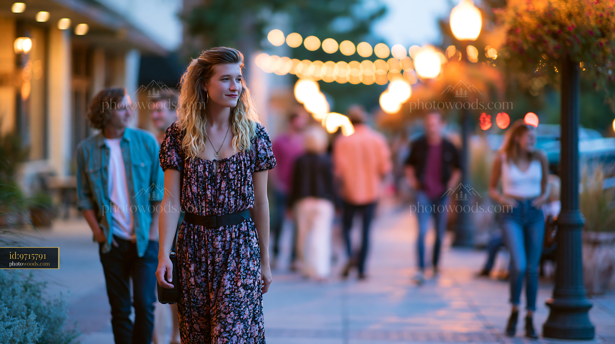 Local Harvest Festival at Dusk With People Walking on Street