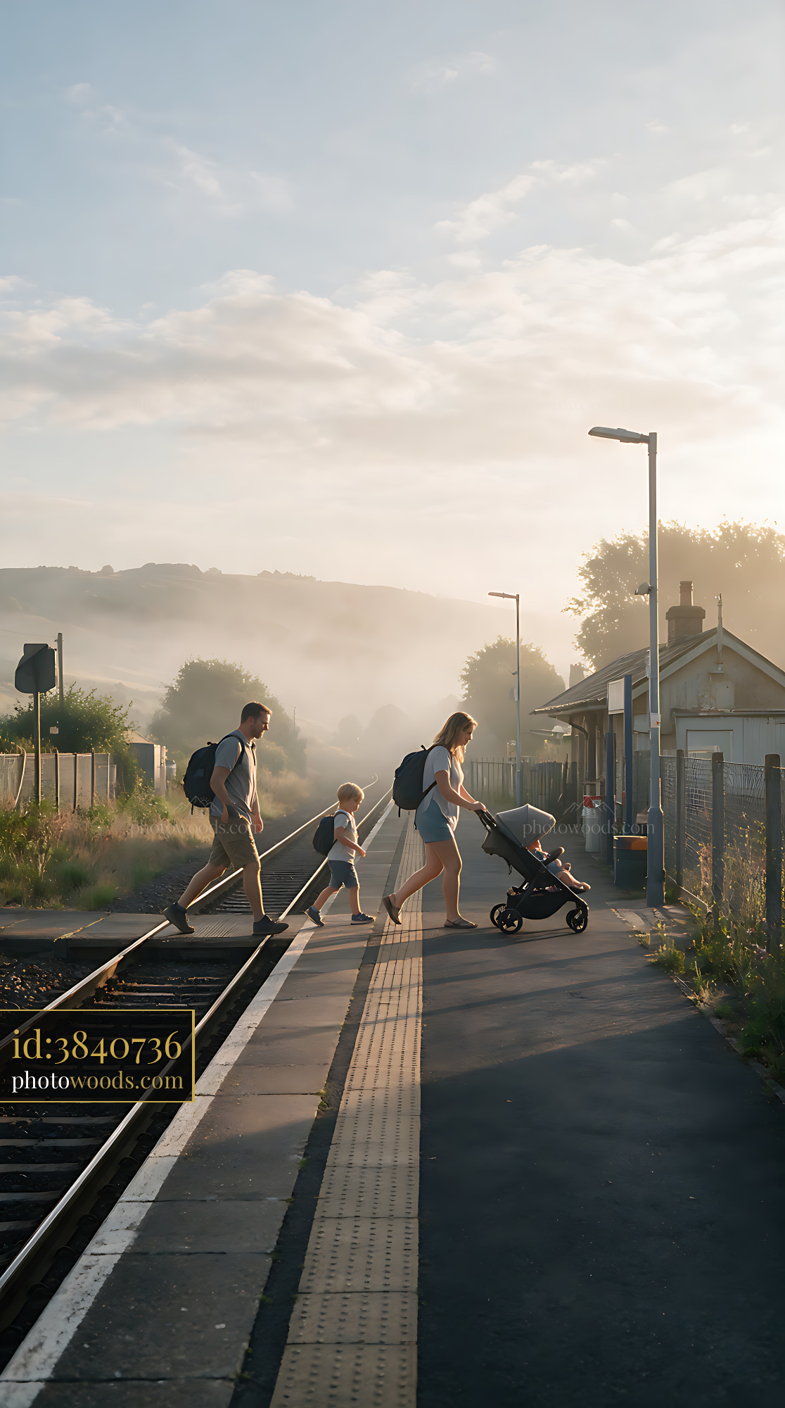 Family crossing a rural train station platform at sunrise