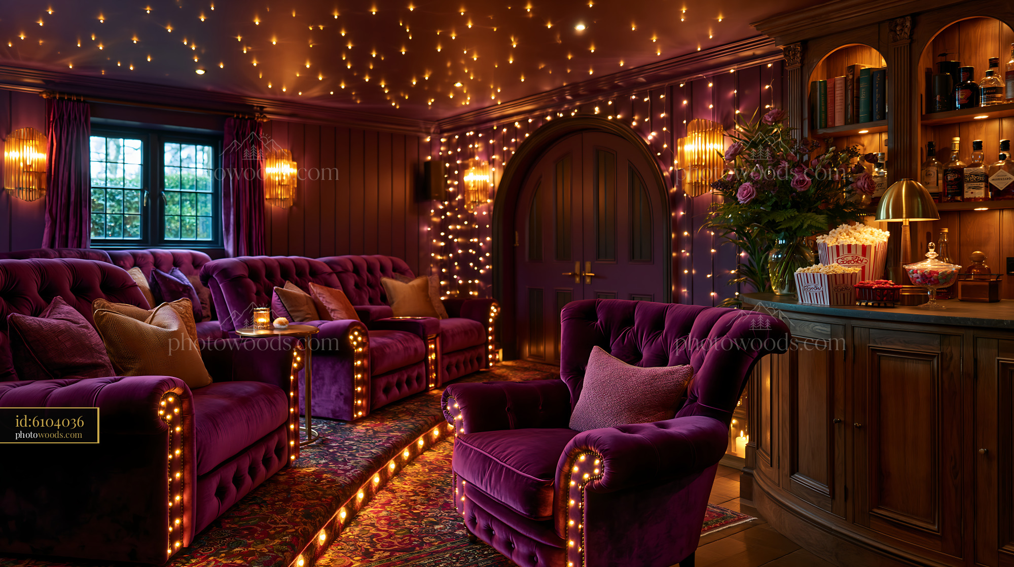 Luxurious Basement Home Cinema With Velvet Seating and Warm Lighting