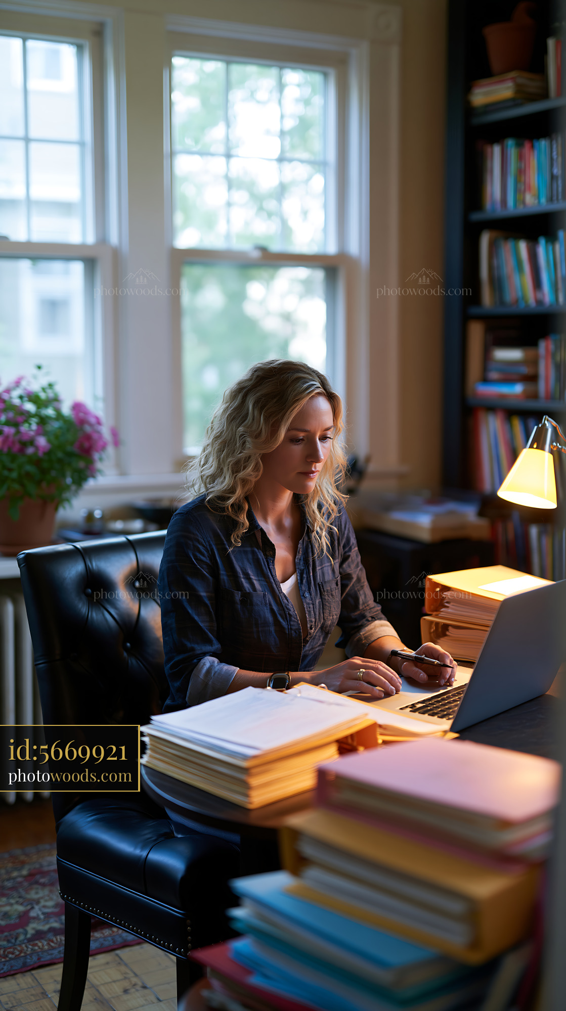 Remote Employee Working in a Home Office With Books and Plants