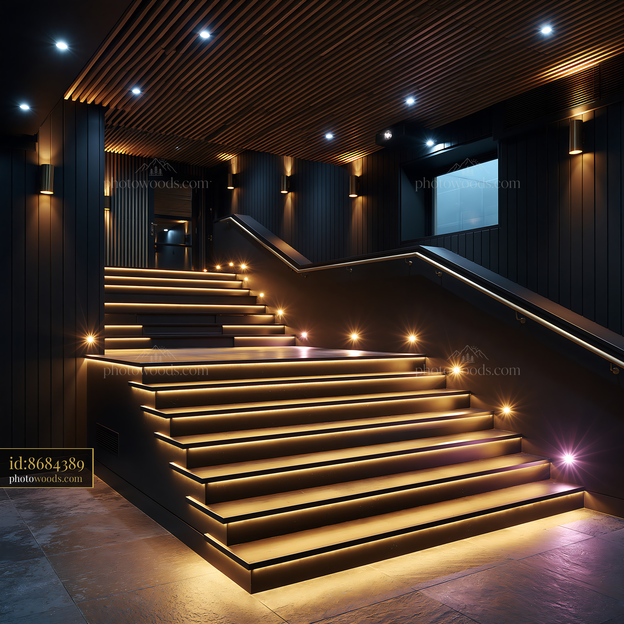 Monochrome Basement Theater With Illuminated Stairs