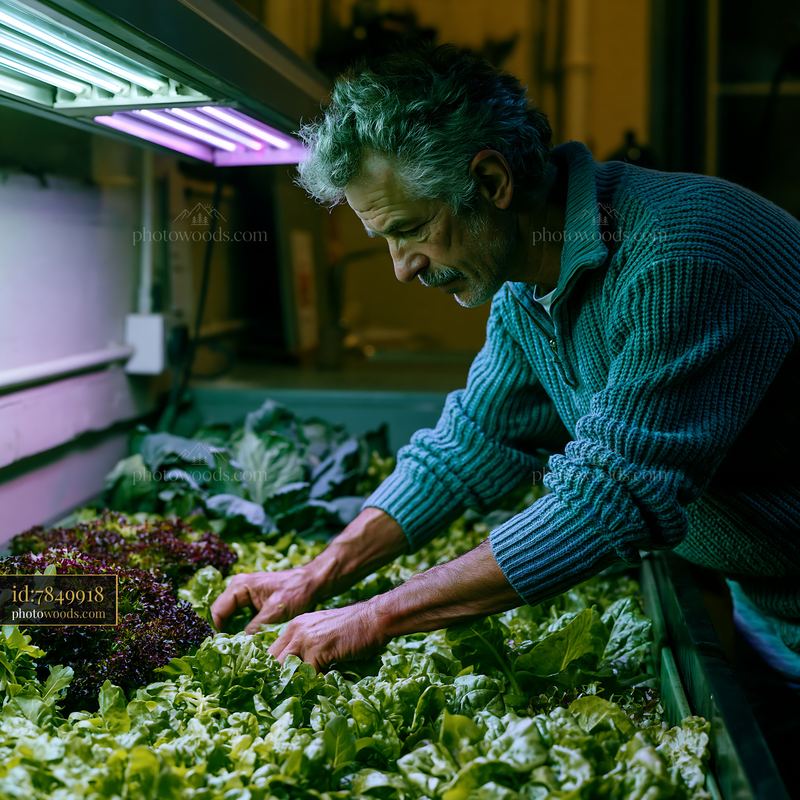 Man tending leafy greens in an indoor hydroponic farm