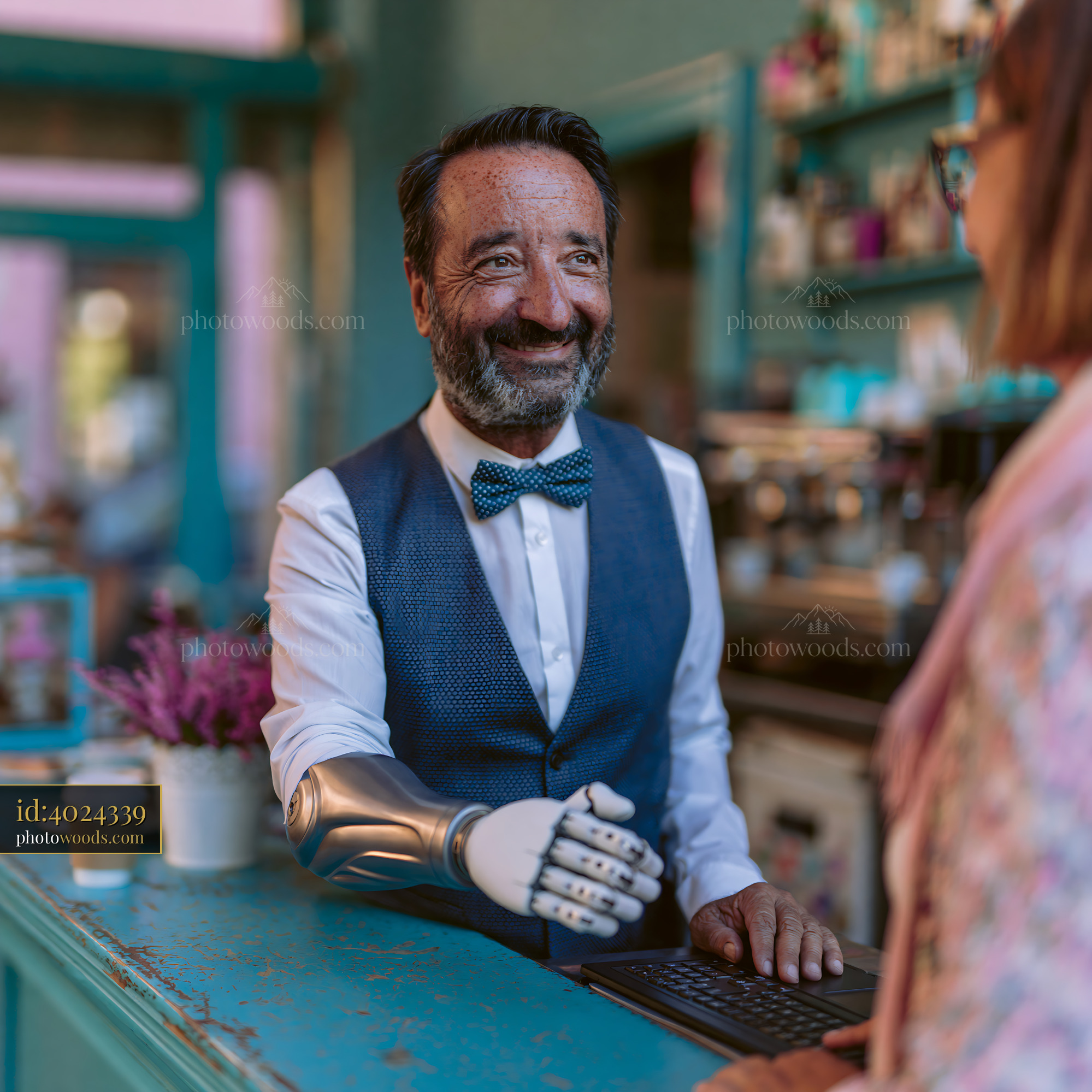 Businessman With Prosthetic Arm Greeting Customer in Cafe