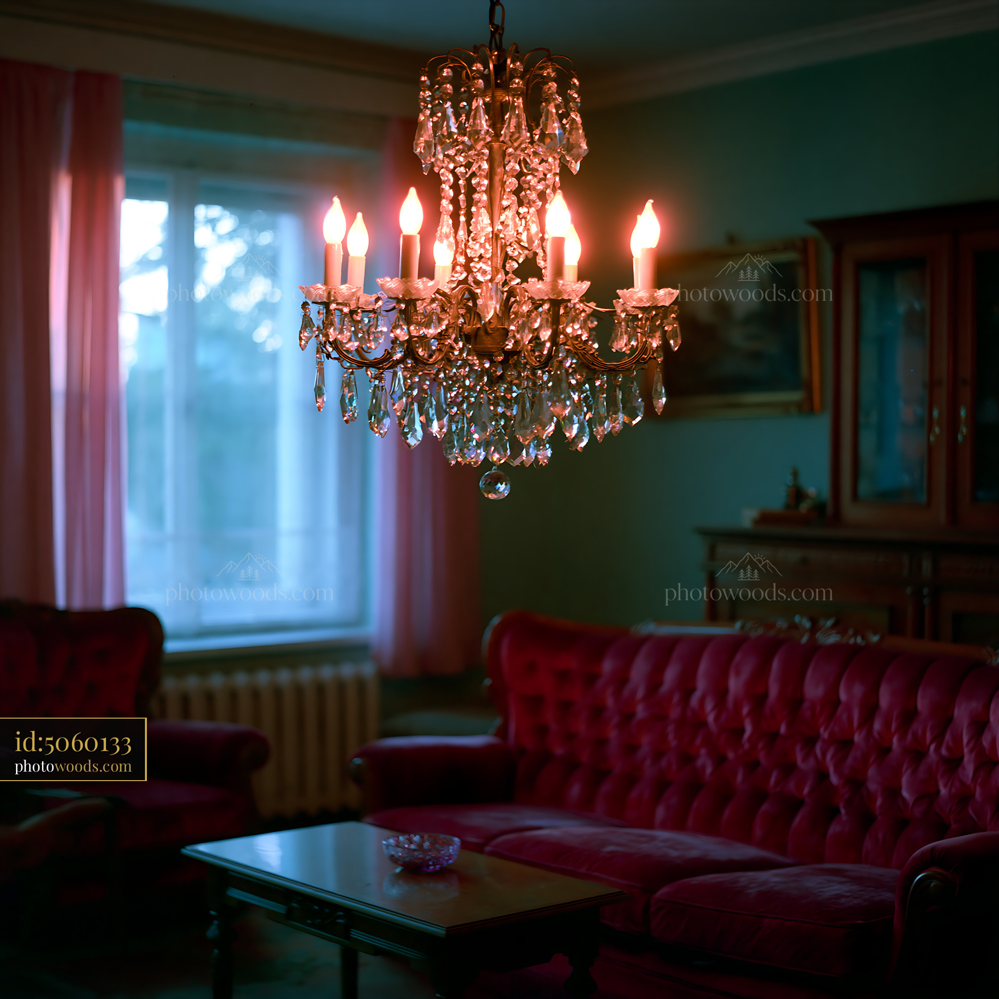 Chandelier in 1980s Eastern Bloc Living Room With Vintage Furniture