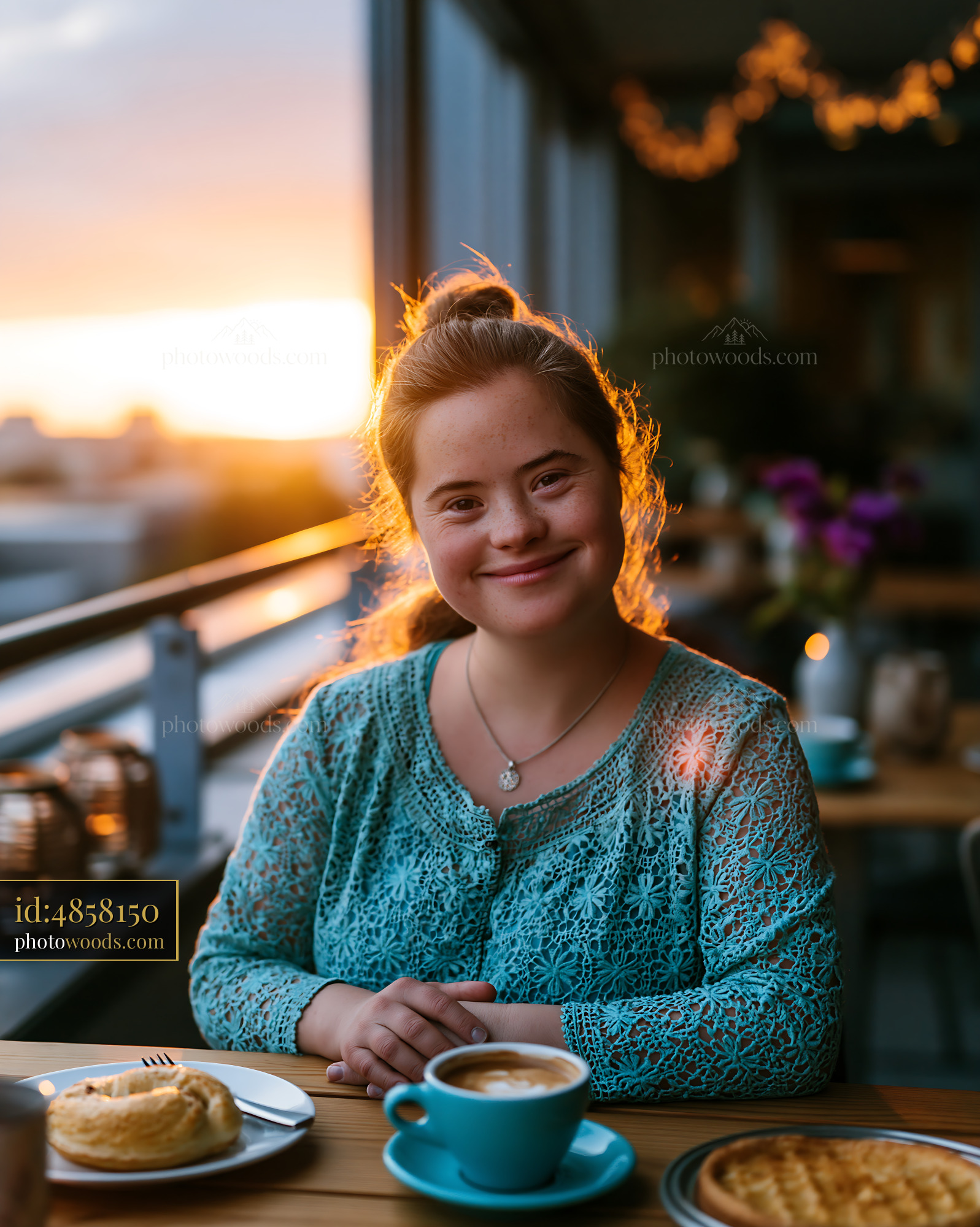 Young Woman With Down Syndrome Enjoying Coffee at Sunset