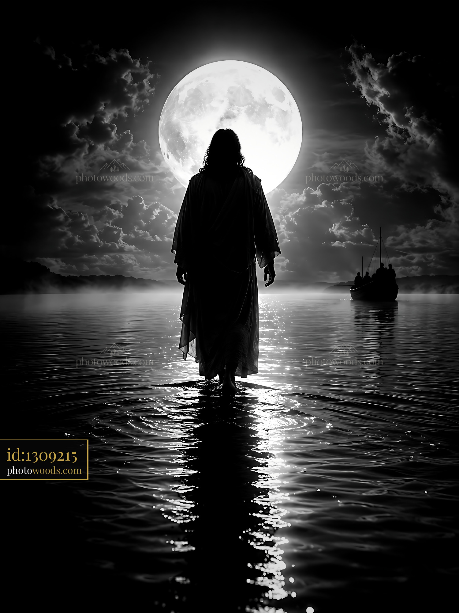 Man Walking on Water at Night Under a Large Moon