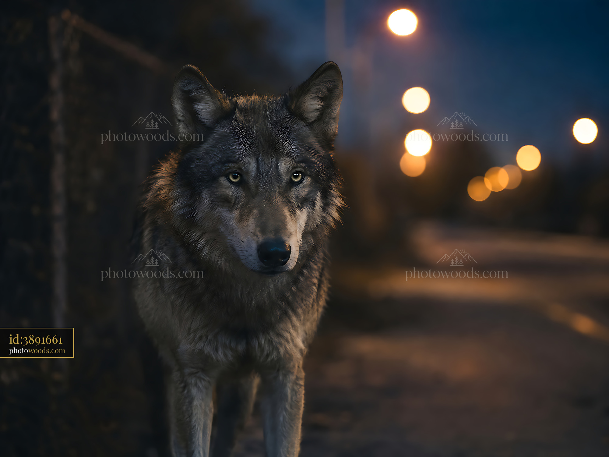 Wolf Walks Along the Road at Night Under Street Lights