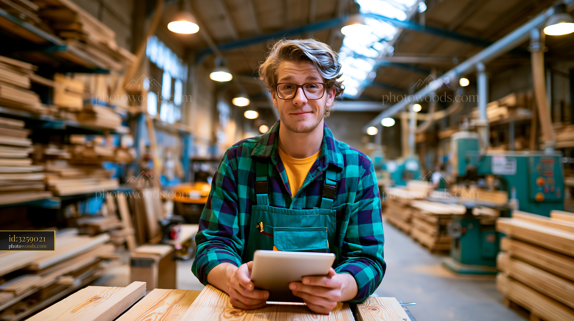 Craftsman With Tablet in Wood Workshop
