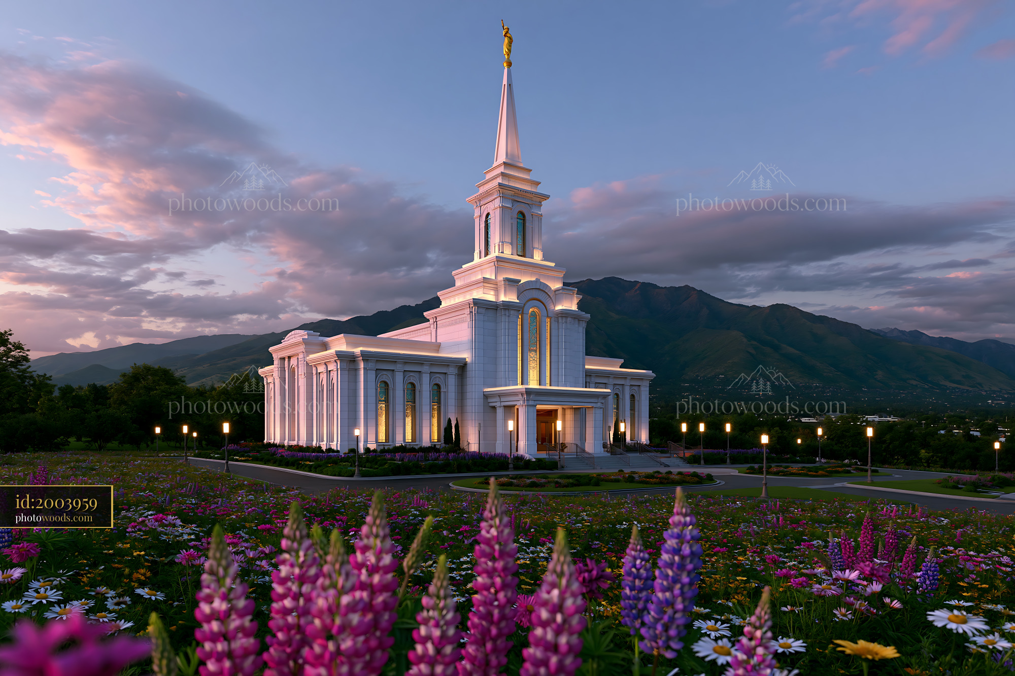 LDS Temple Surrounded by Flowers During Sunset in Orem, Utah