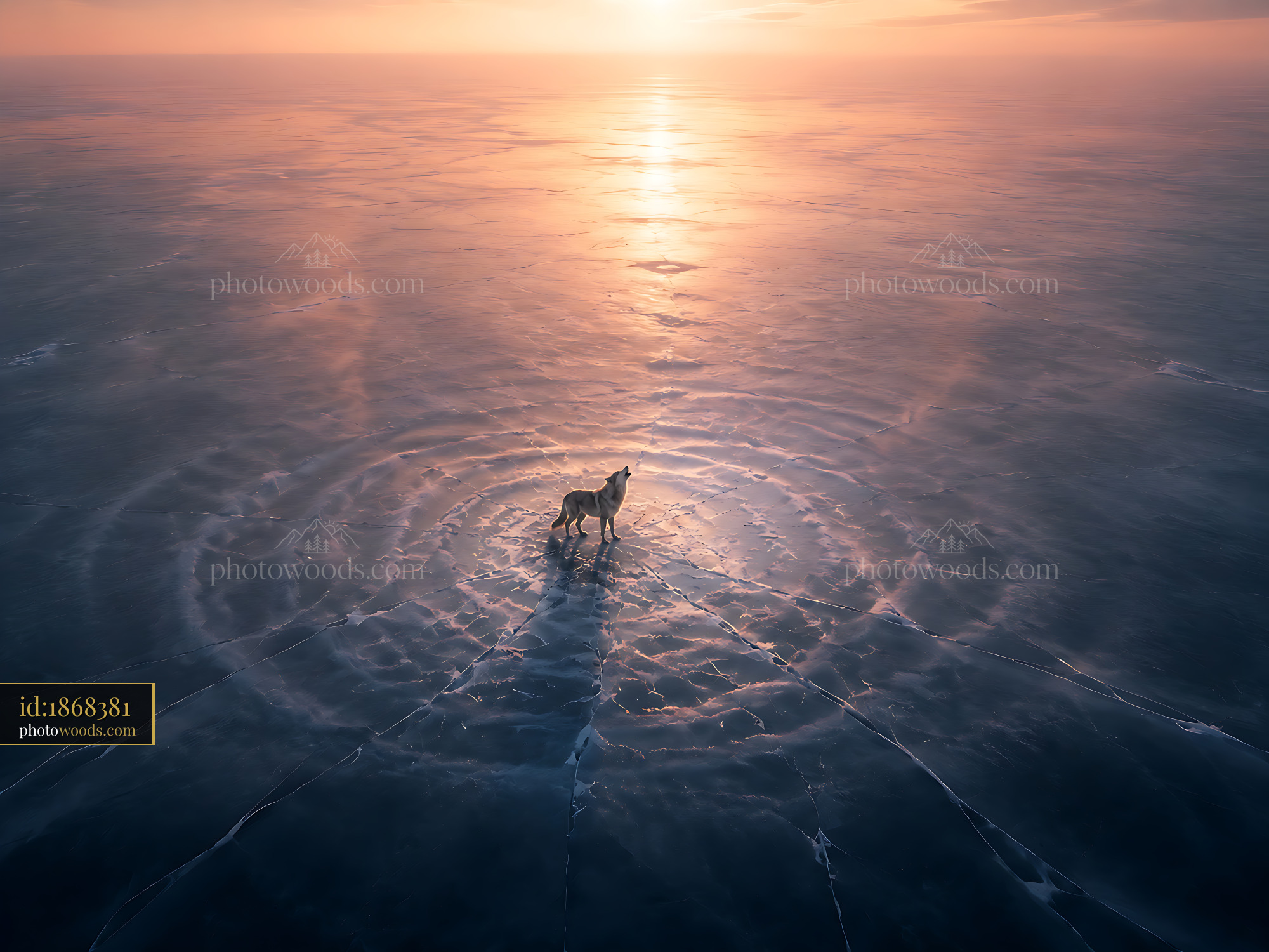 Wolf Standing on Frozen Lake at Sunset With Ripple Patterns
