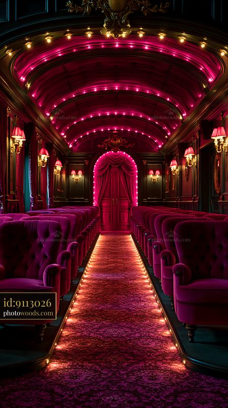 Elegant empty theater with magenta lighting and plush seats