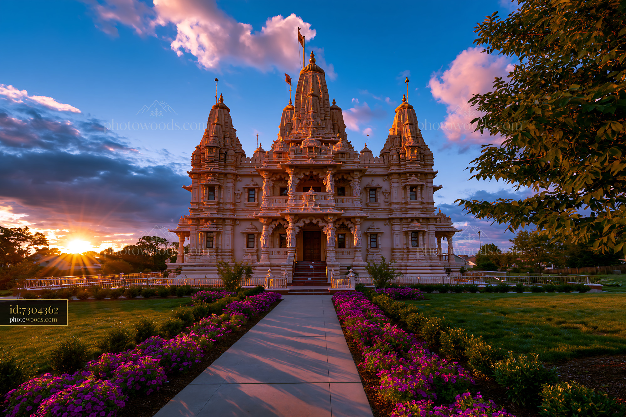 BAPS Shri Swaminarayan Mandir in a Garden at Sunset in Bartlett, USA