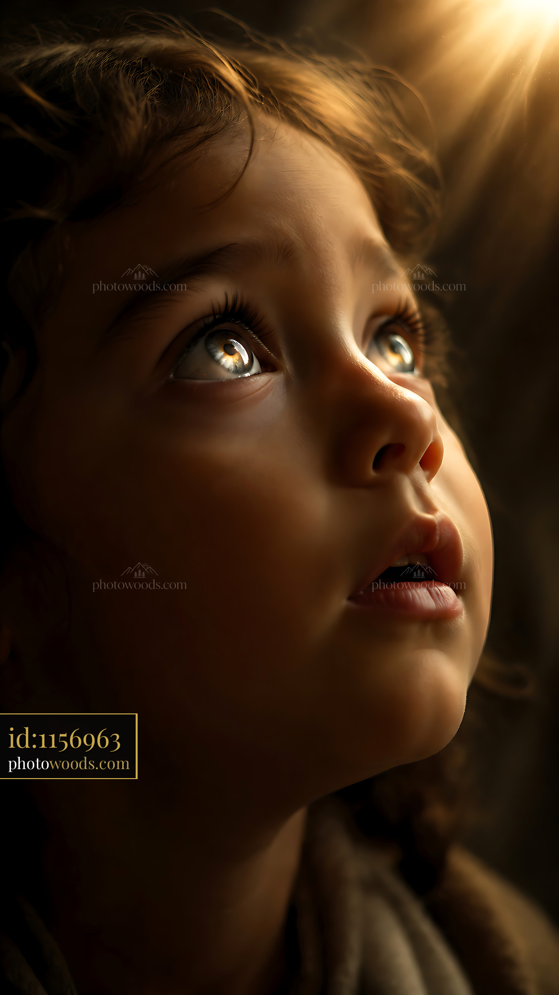 Child Looks up in Wonder at Bright Light Shining Down