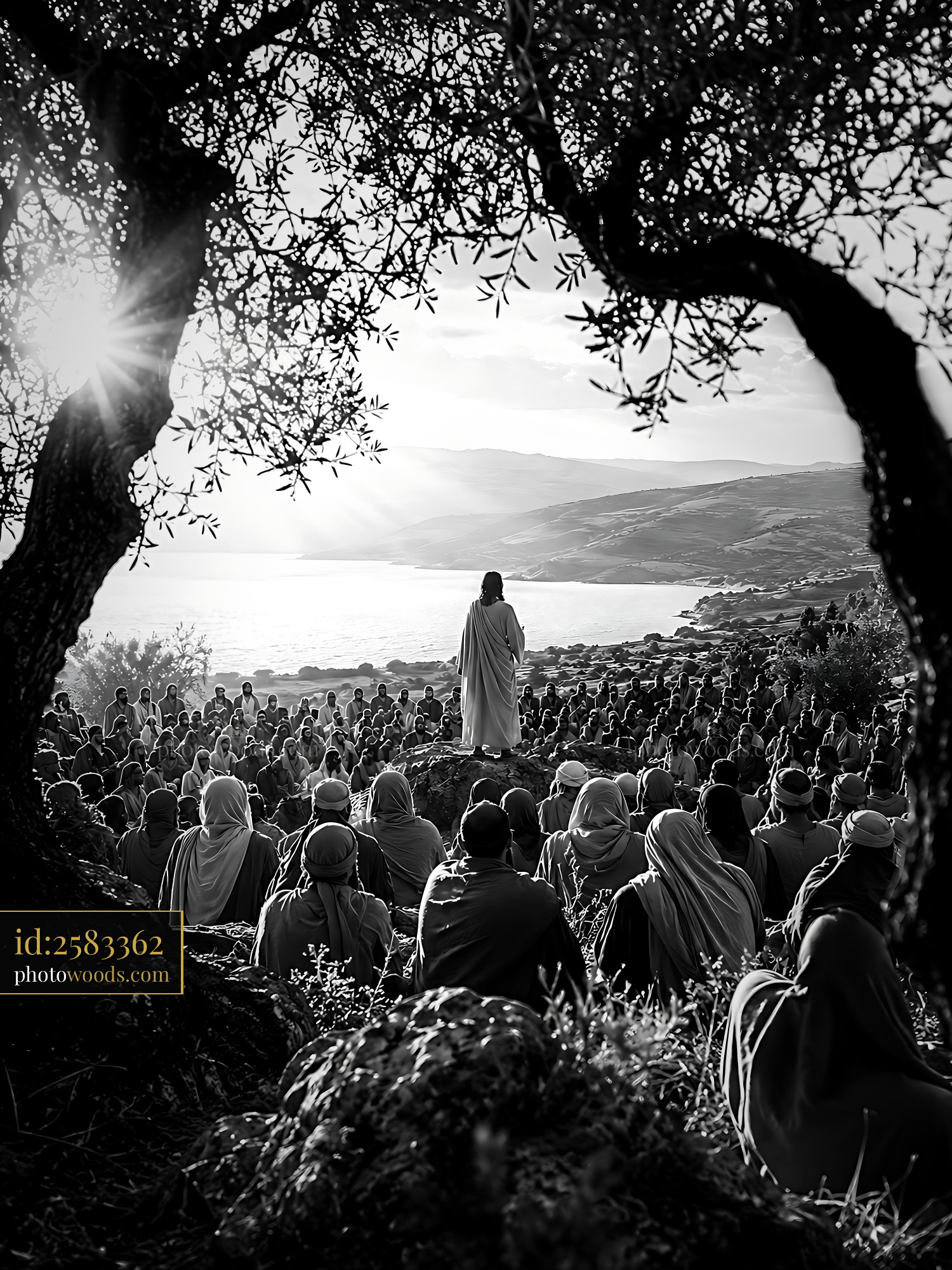 Man Speaks to Crowd Under Trees Near Water at Sunset