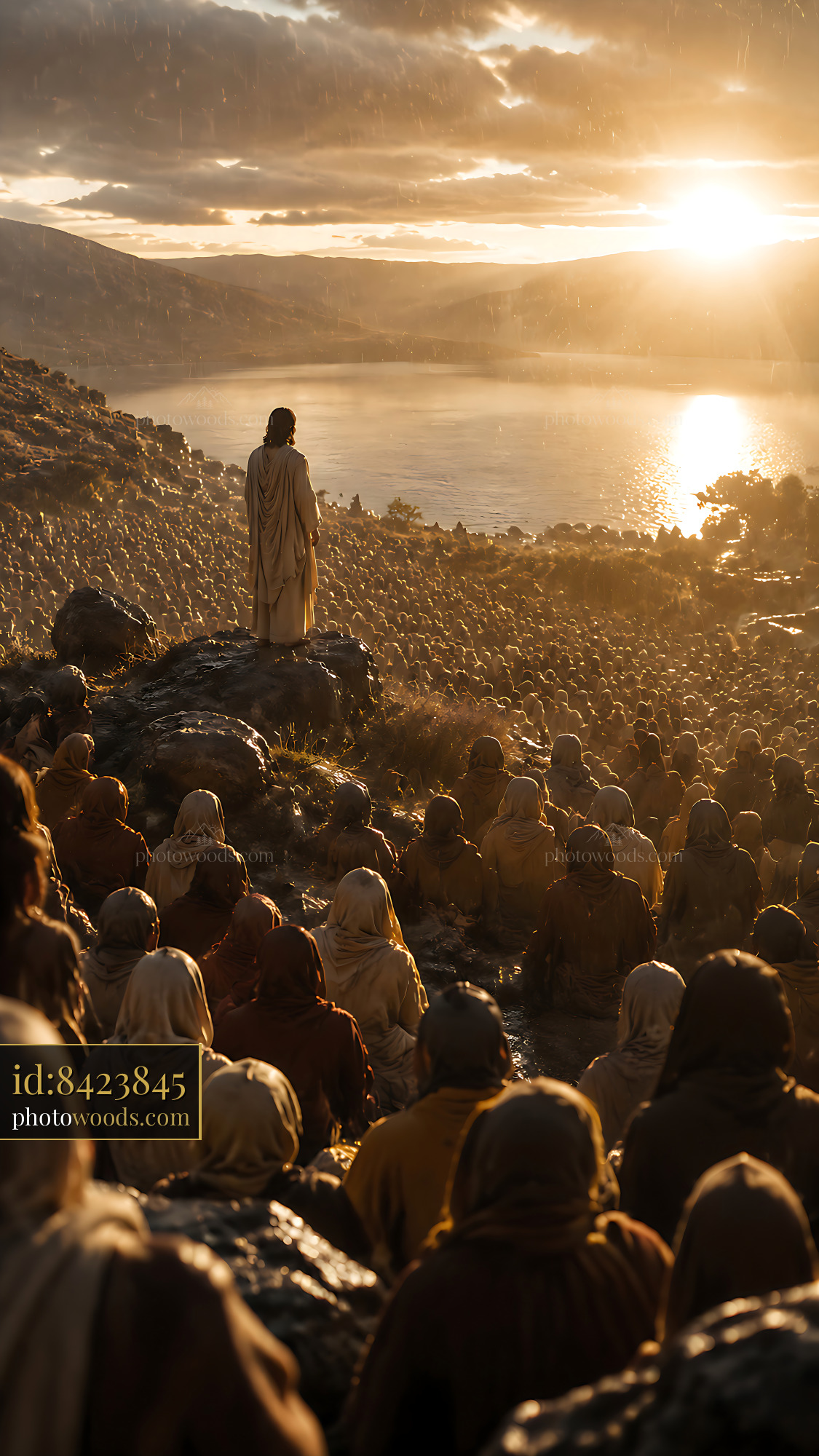 Leader Speaks to a Large Crowd During Sunset by the Lake