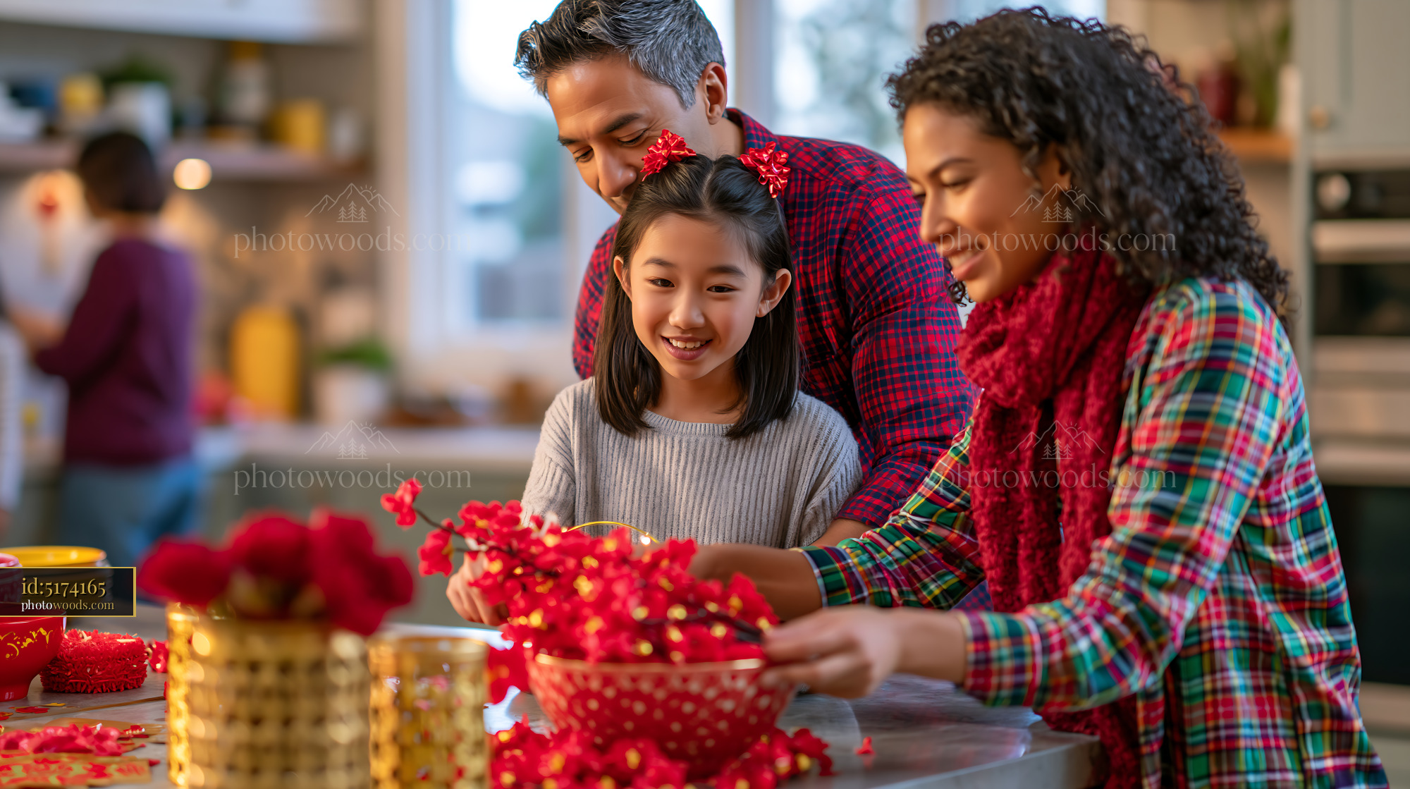 Multiracial Family Decorating for Lunar New Year Celebration