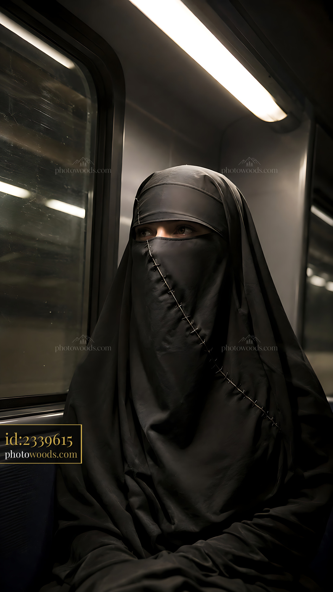 Woman in Black Clothing Sitting Quietly in a Train Compartment