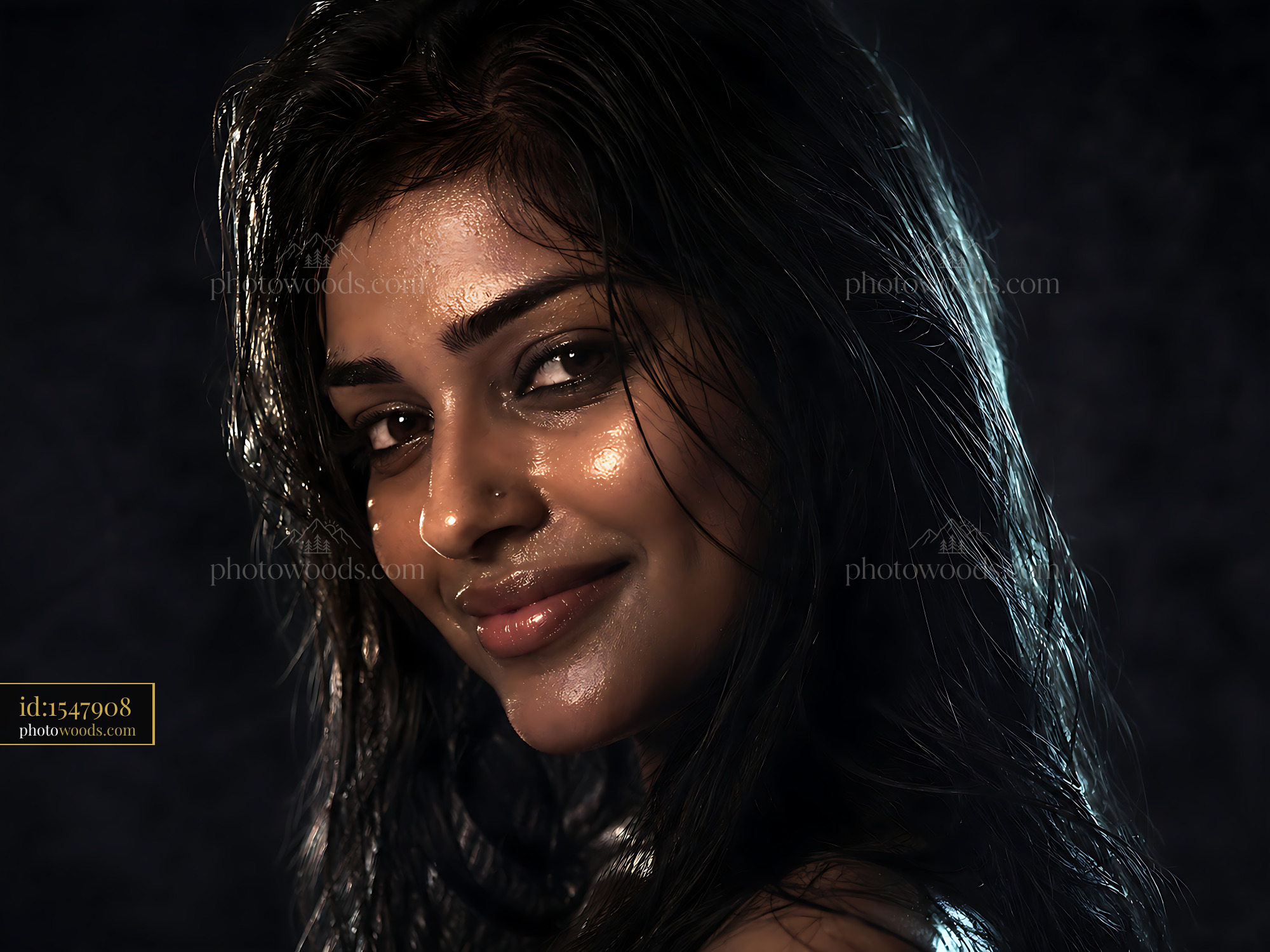 Woman With Wet Hair Smiling Softly Under Dim Light
