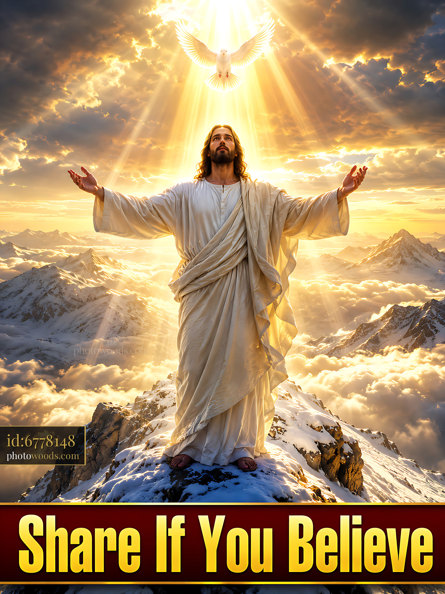 Jesus Stands on Mountain With Arms Raised Towards the Sky