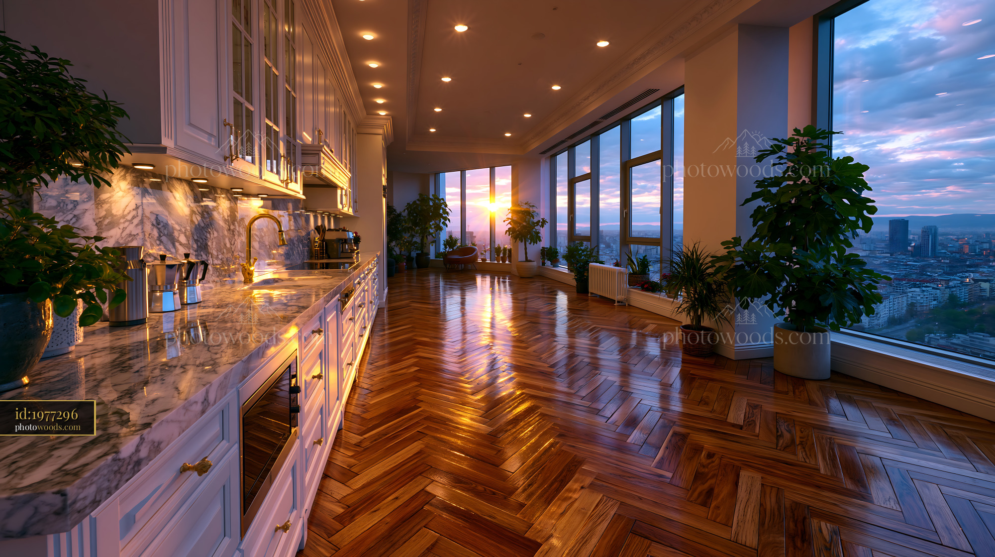 Penthouse Kitchen With Skyline View During Sunset