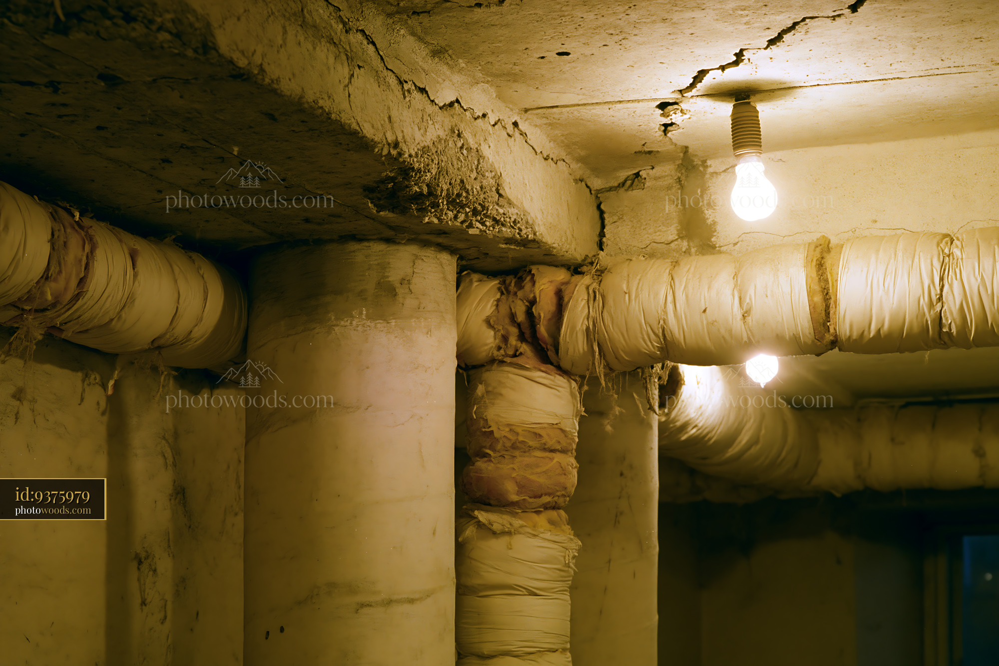 Cracked Concrete Balcony Interior View With Exposed Pipes and Lights