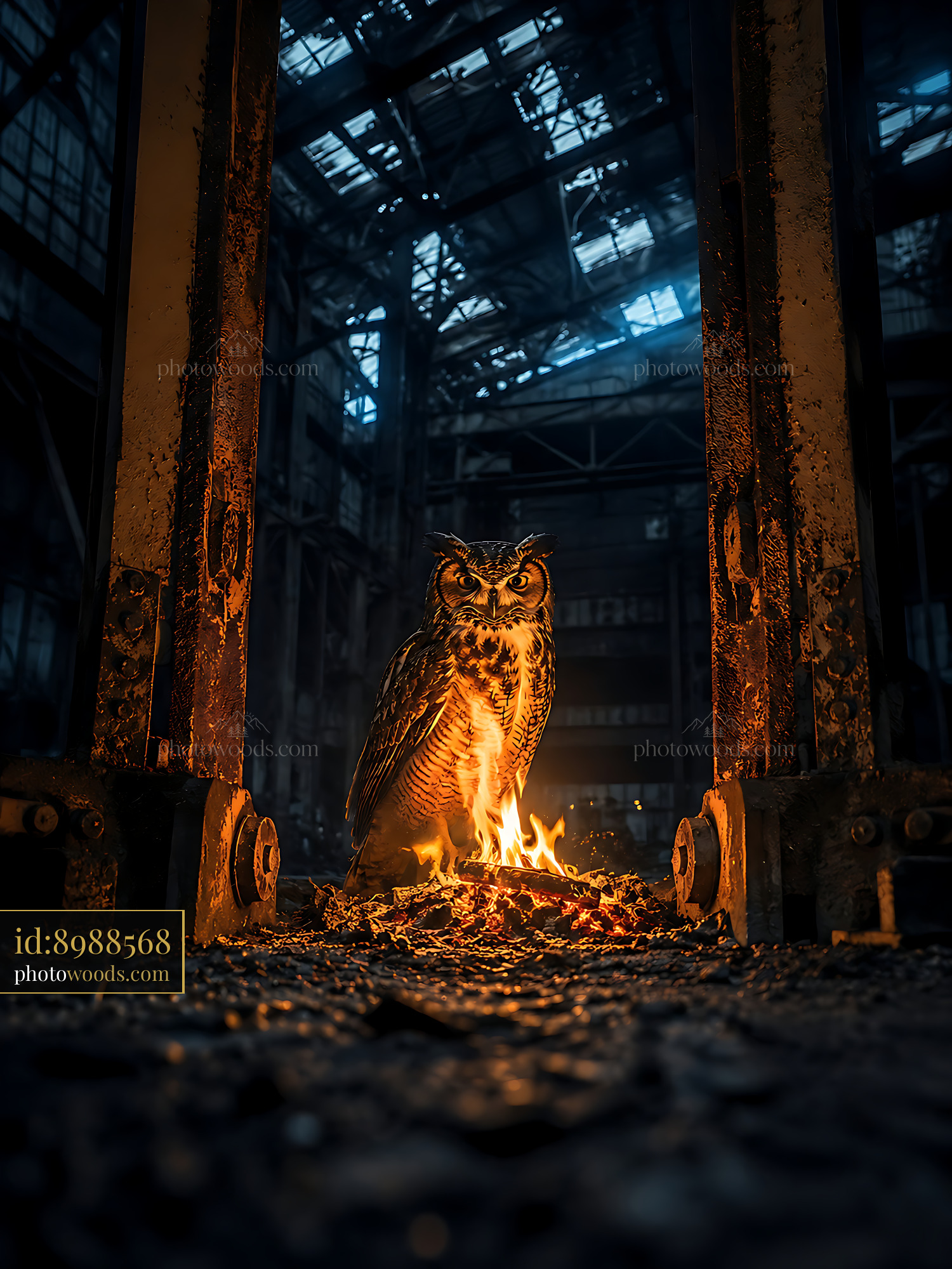 Owl Stands Near Fire in Abandoned Industrial Building at Night