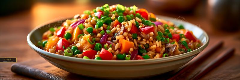 Colorful rice and vegetable bowl on a wooden table