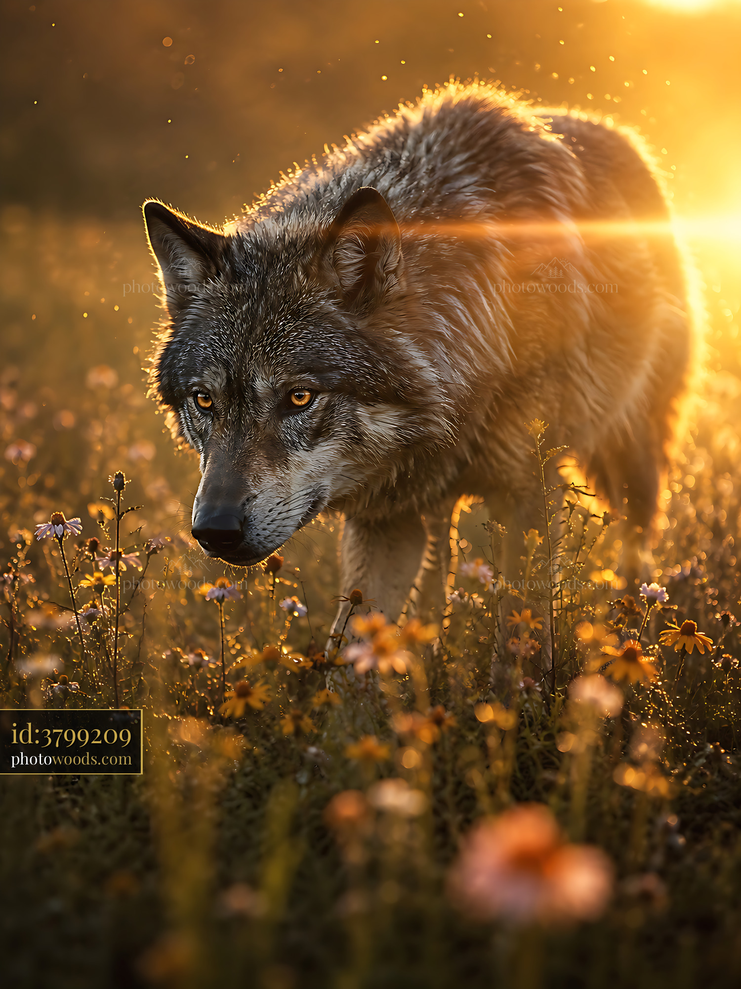 Wolf Walks Through Field of Flowers During Sunset