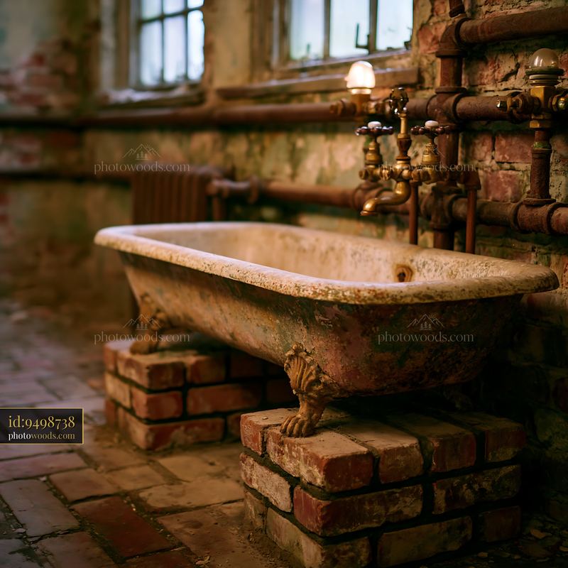 Grimy Communal Bathroom With Rusty Pipes and Old Bathtub