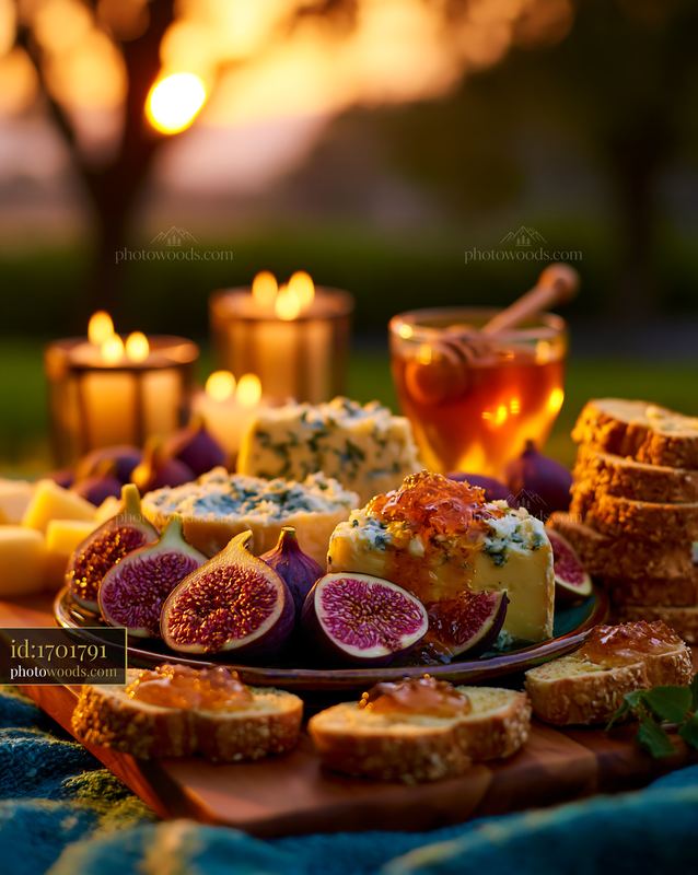 Cheese platter with figs, honey, bread, candles, and drink