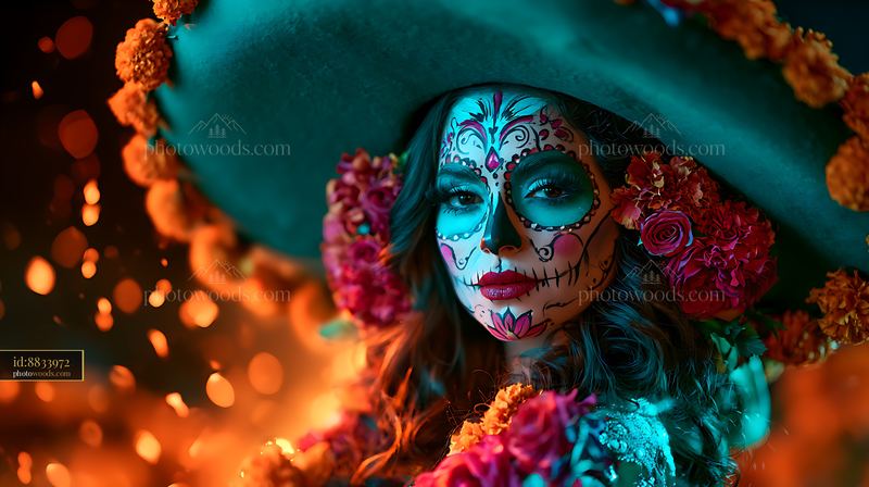 Portrait of a woman with colorful sugar skull face paint and flowers