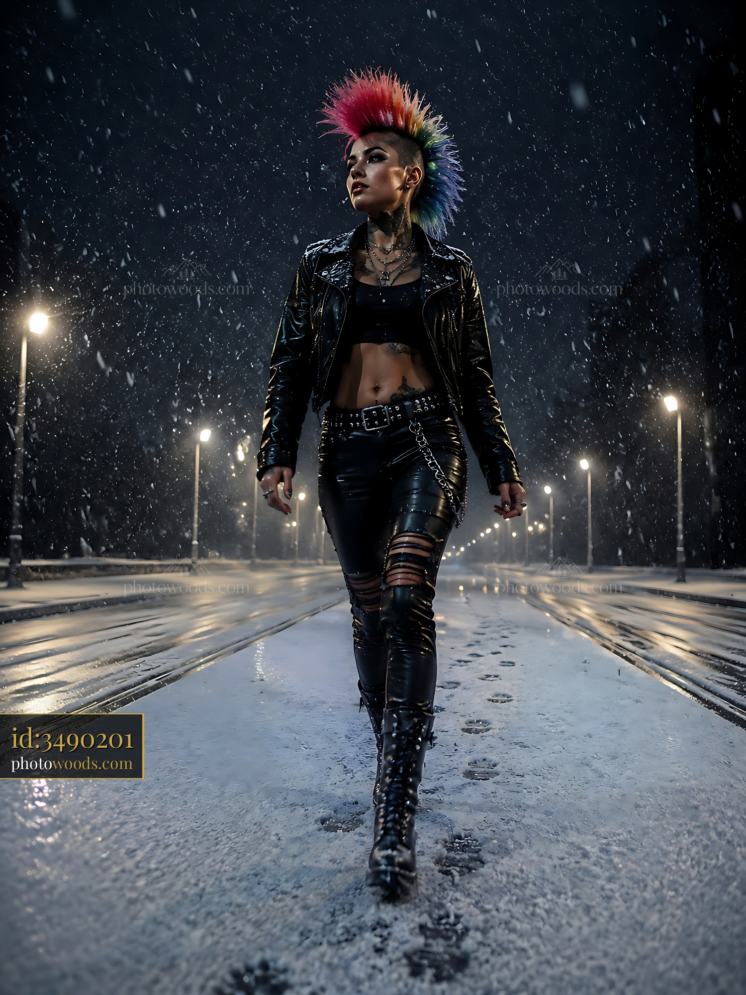 Model Walks on Snowy Street at Night With Colorful Punk Hairstyle