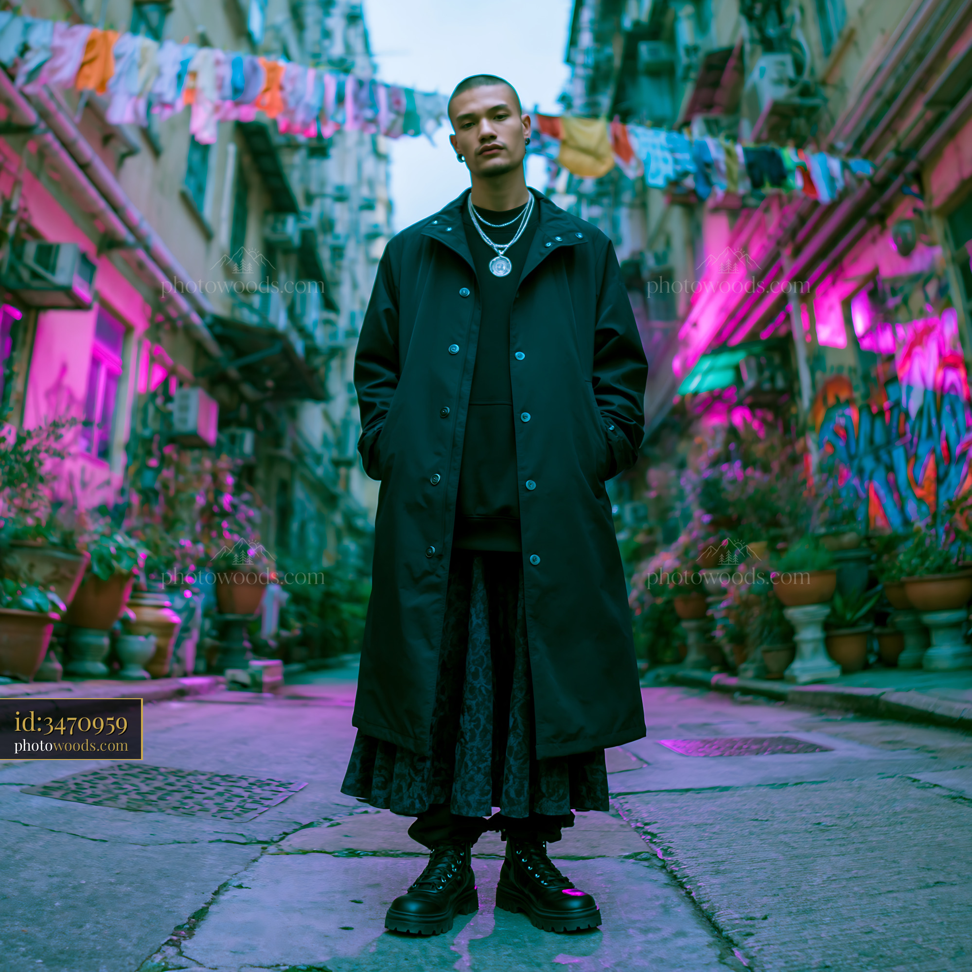 Tall Model in Longline Coat Standing in Urban Alleyway at Night