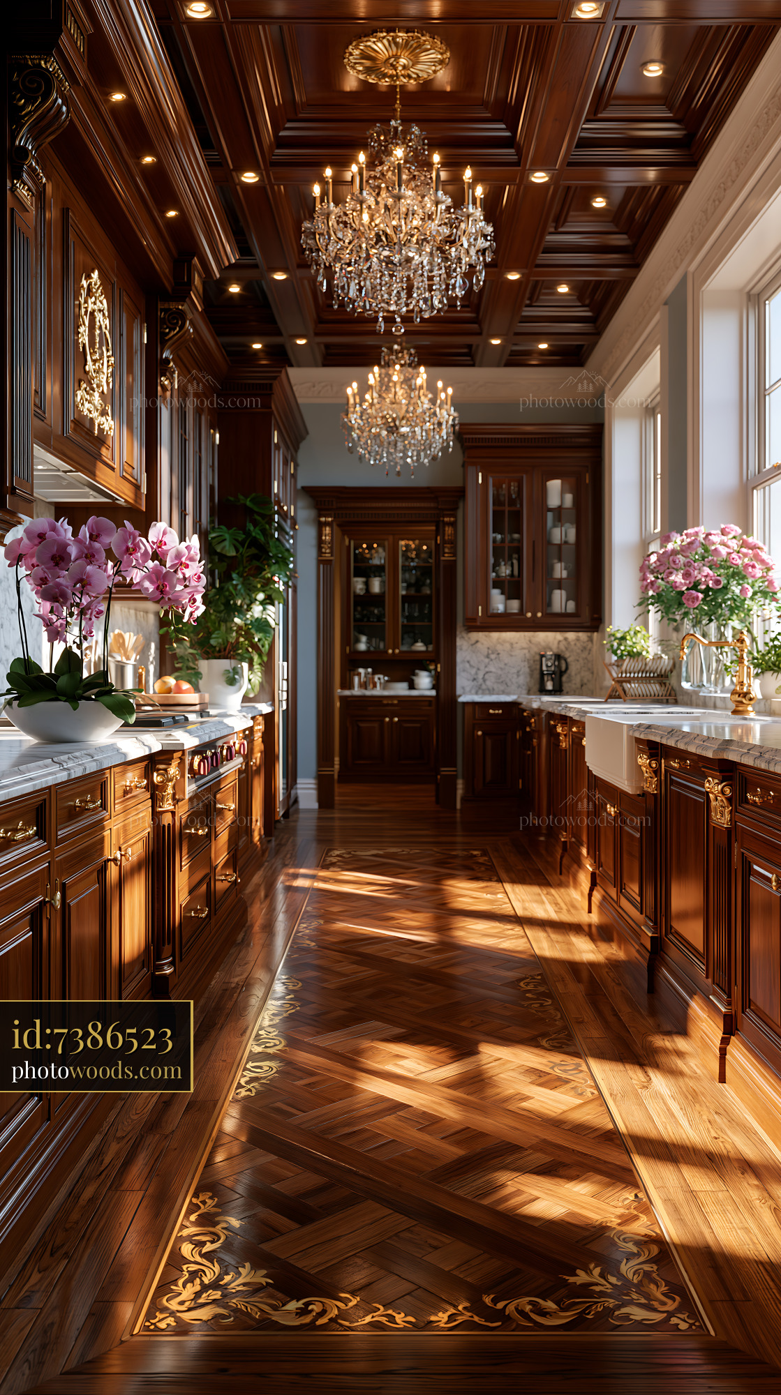 Classic Kitchen Interior With Coffered Ceiling and Wooden Cabinetry