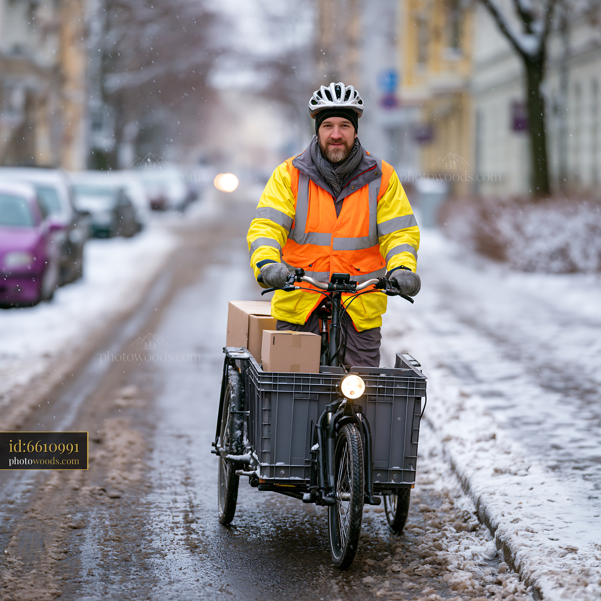 Cargo Bike Courier Delivering Packages in the Snow