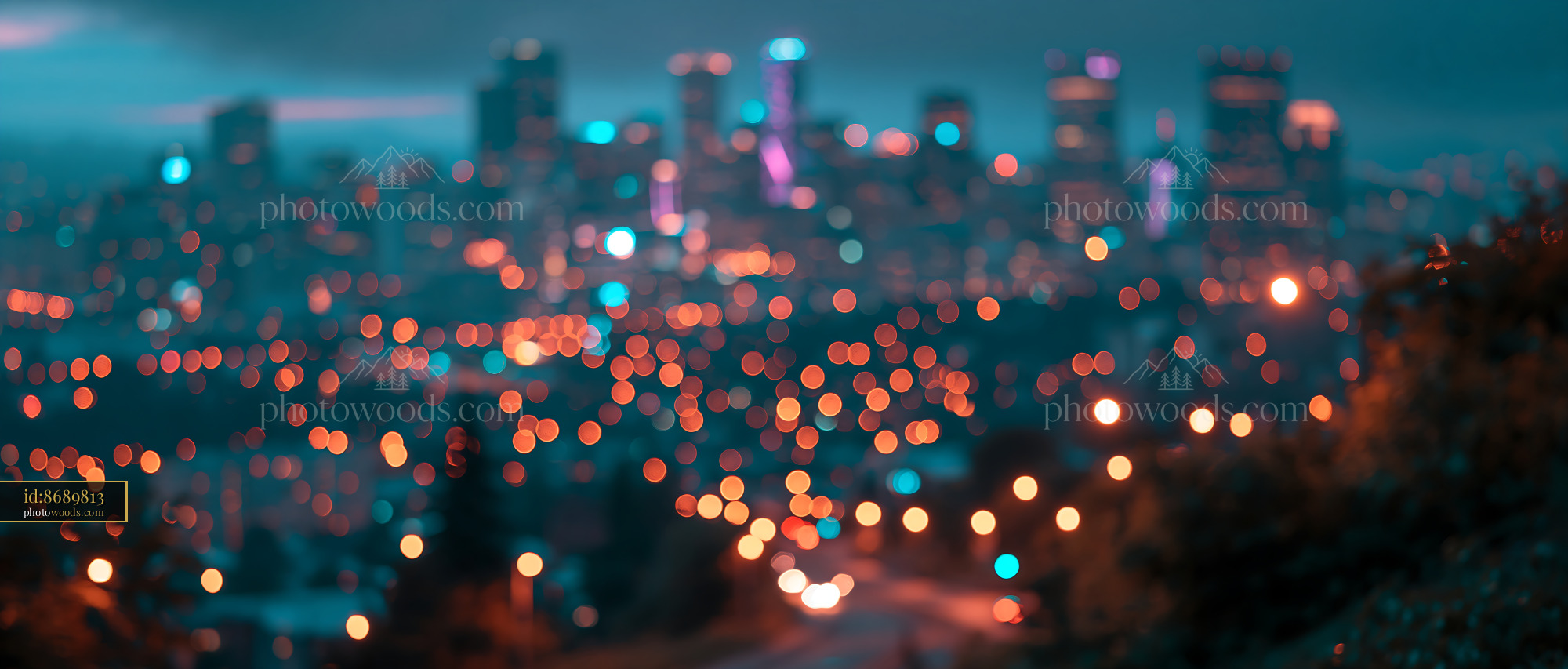 City Skyline Lights Illuminate Evening Scene in Urban Area