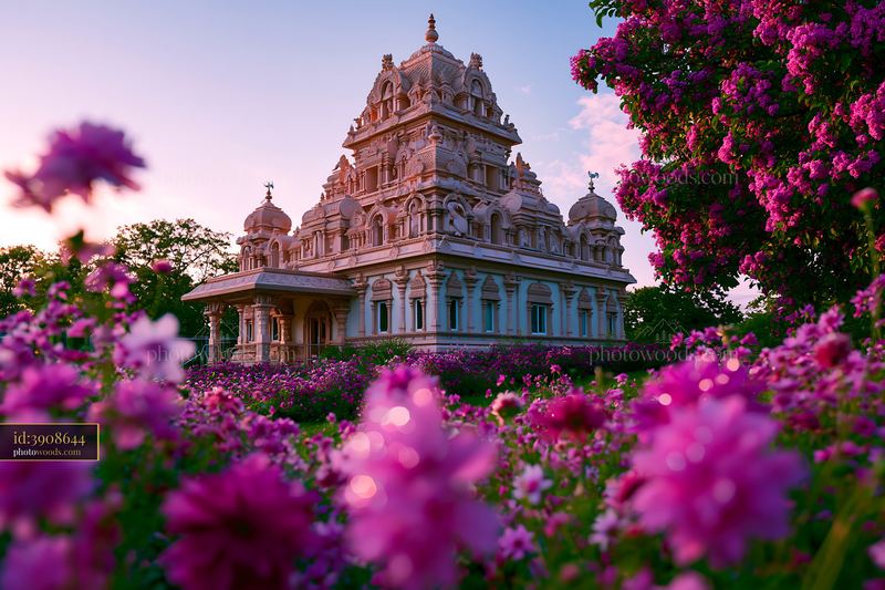 Ornate temple surrounded by blooming pink flowers at sunset