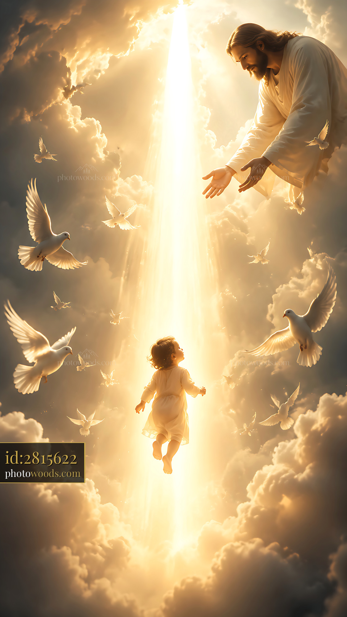 Jesus Reaching out to a Child Surrounded by Doves in Light