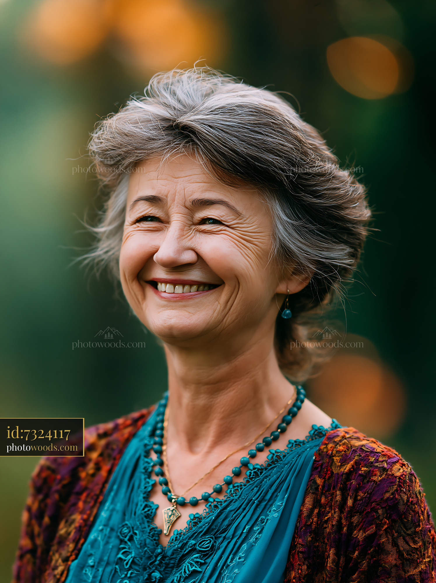Woman Smiling Wearing Blue Top and Jewelry in Natural Setting