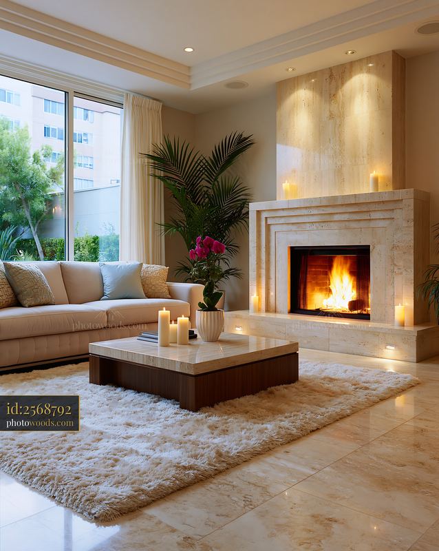 Modern Living Room With Travertine Fireplace and Candles