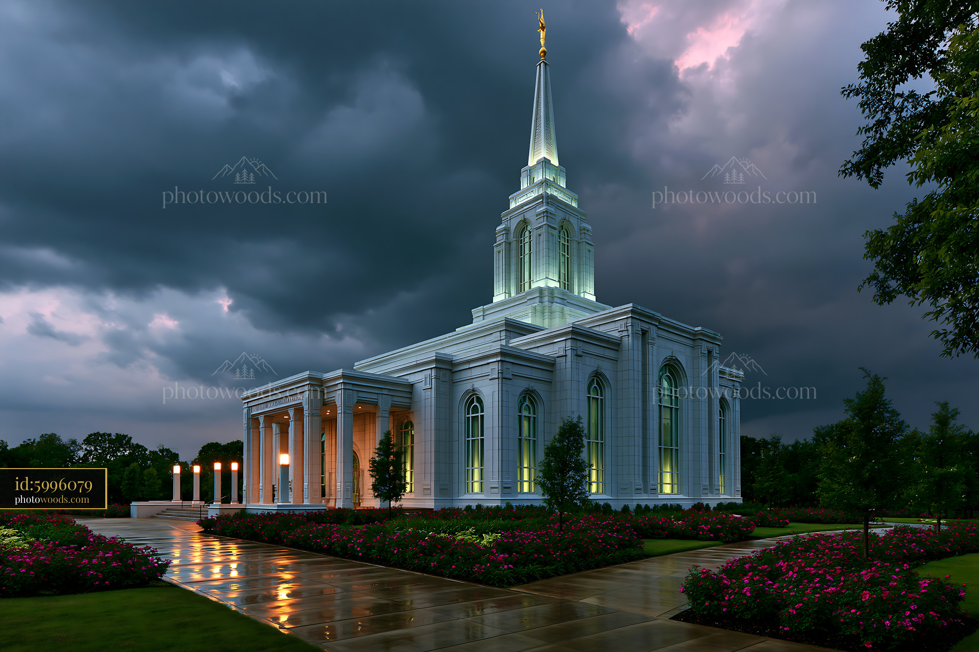 Fort Worth Temple at Twilight With Stormy Sky in Texas